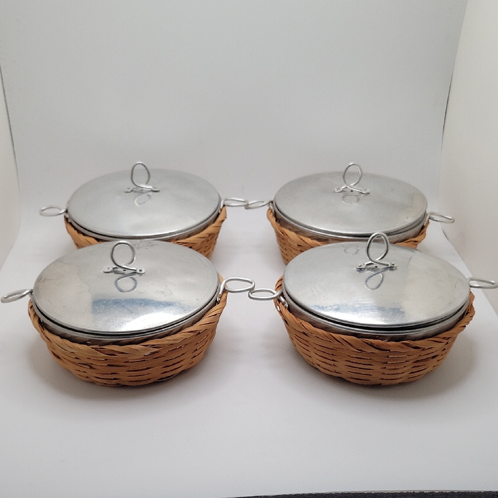 Vintage Metal Lidded Ramekins With Wicker Basket Holders